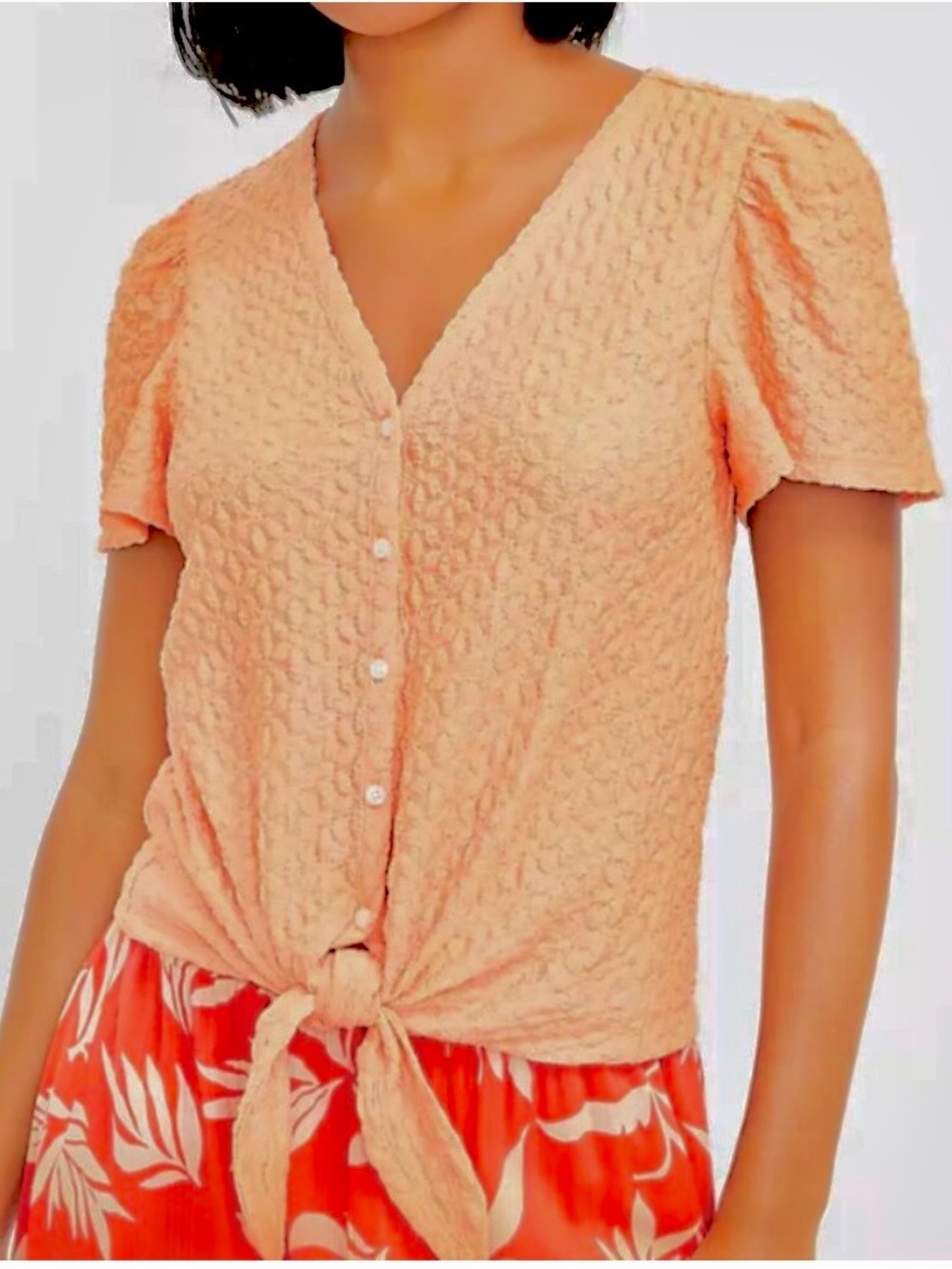 Loft Textured Button Tie-Front Top